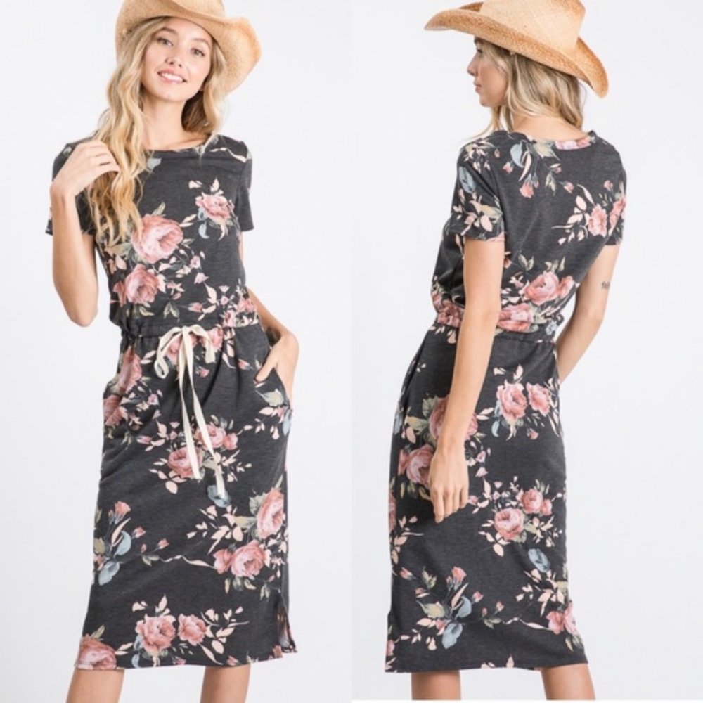 Faded Black Floral Drawstring Casual Dress